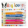 Set of five push-action automatic pens with cat and dog design refills in beaded storage bag