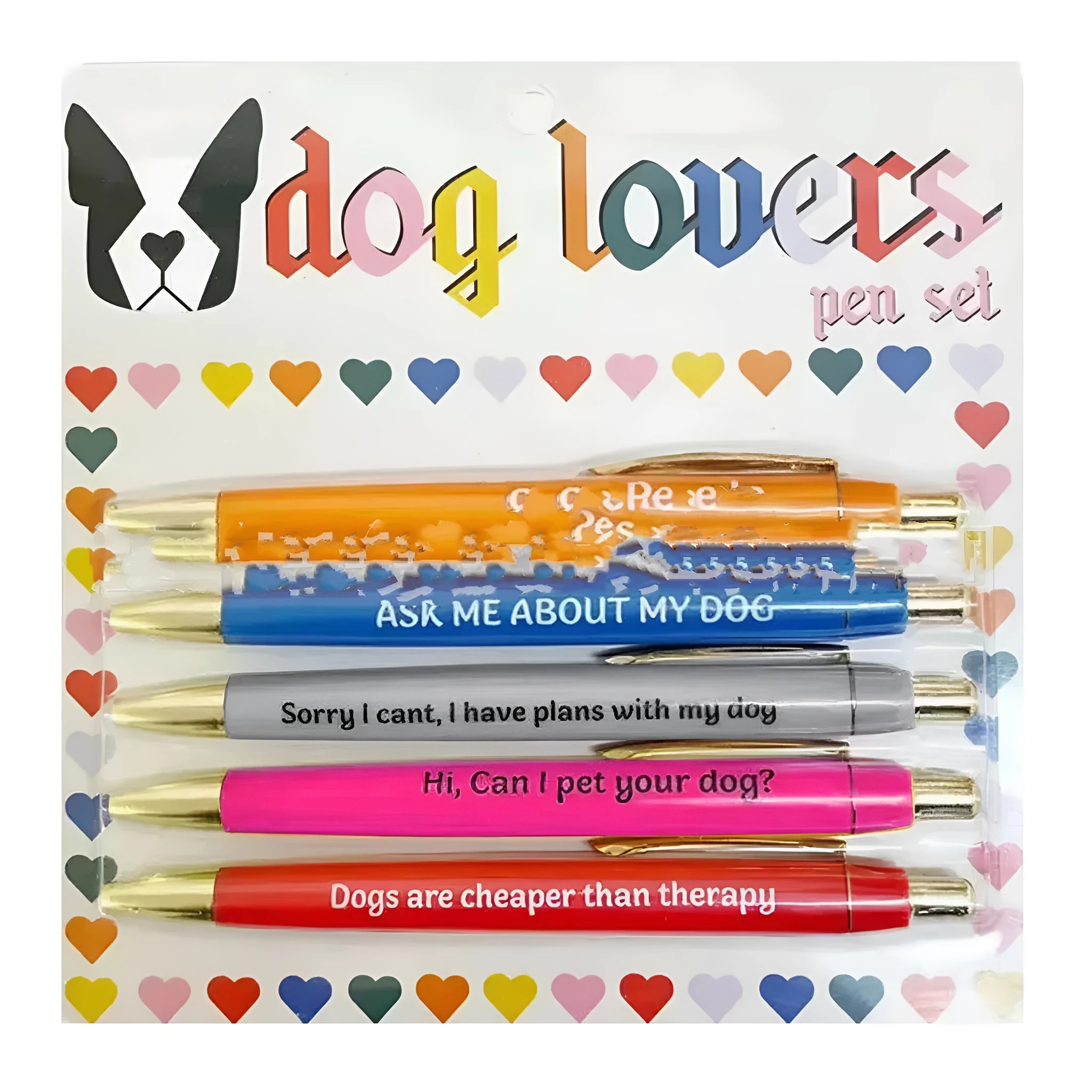 Set of five push-action automatic pens with cat and dog design refills in beaded storage bag