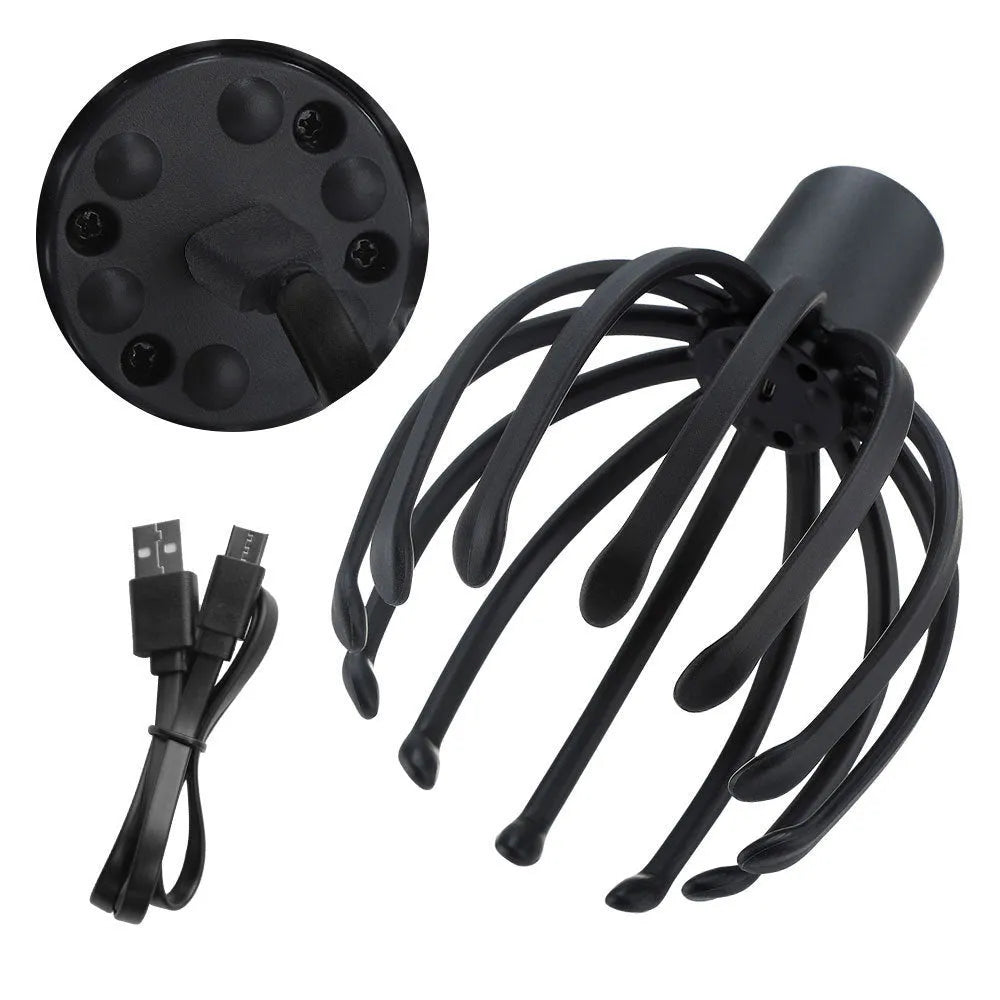 Black electric scalp massager with 12 TPE 3D massage arms on a flat surface