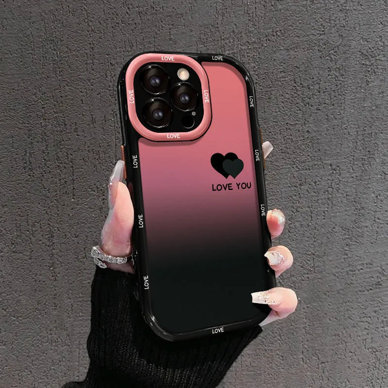 Acrylic hard shell iPhone case with fine hole pattern and a gradient love heart design on a cream and black background.