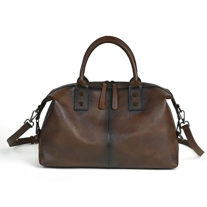 Women's genuine leather large capacity retro handbag in horizontal square shape with single shoulder strap, black colour