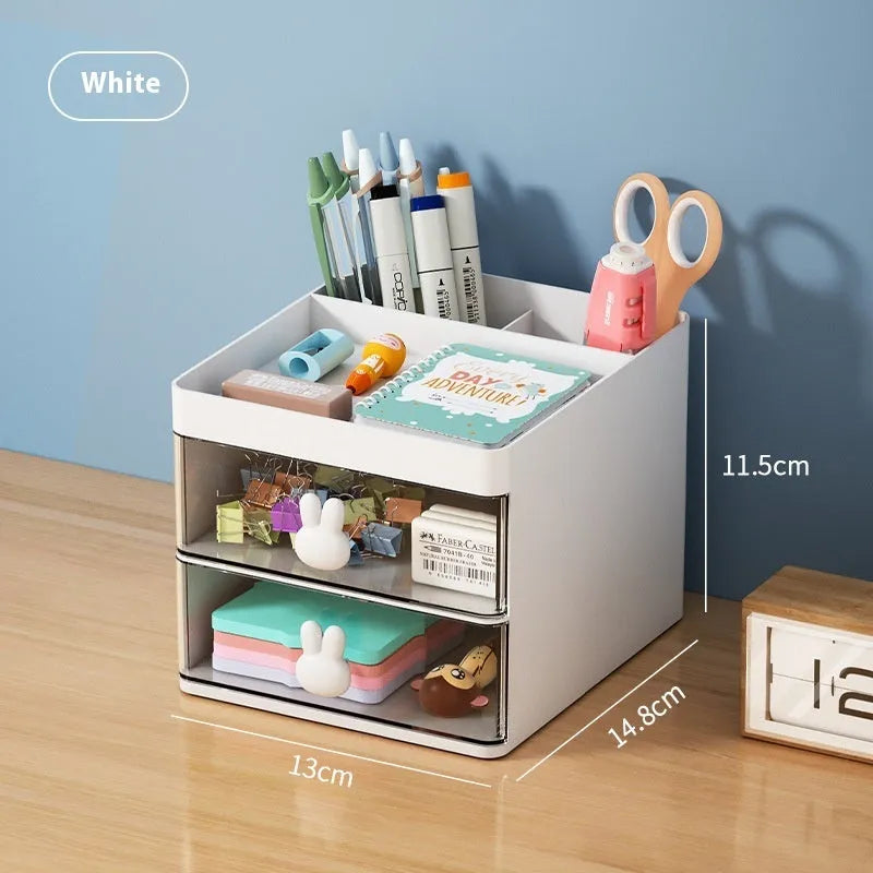 Transparent plastic desktop storage box with internal grid partitions, shown in pink colour.