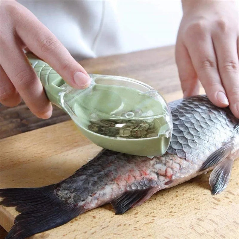 Fish-shaped scale scraper with removable knife and containment cover