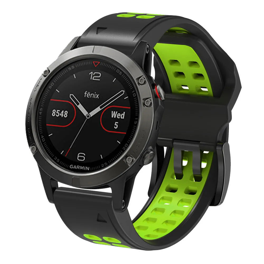 Quick release two-colour silicone watch strap showing black and orange colour combination with pin buckle closure