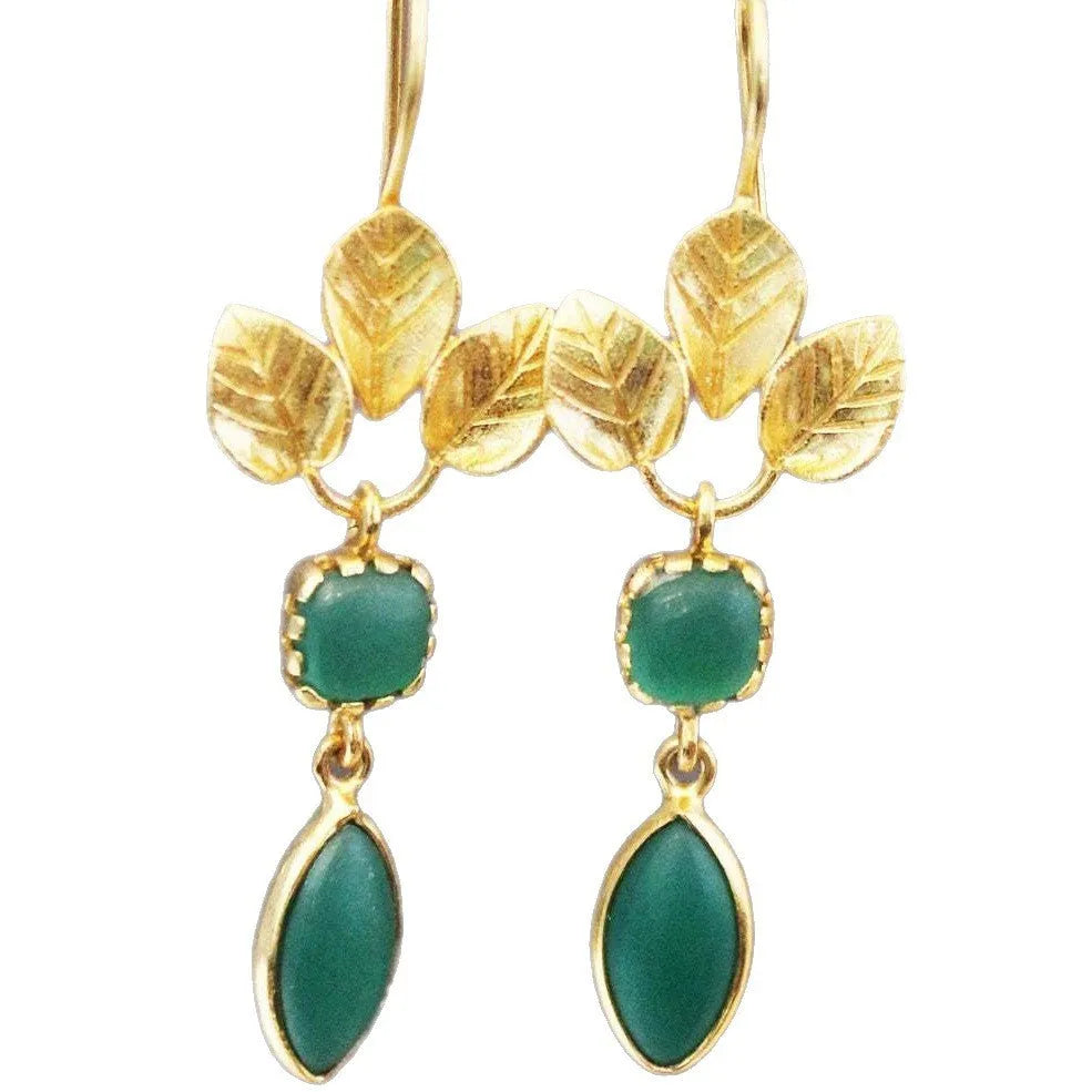 Gold retro drop-shaped earrings with French leaves, zircon stones, and delicate tassels.