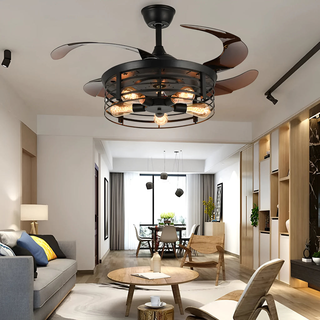 American retro style ceiling fan with clear acrylic blades and an integrated acrylic lampshade, remote control on a table.