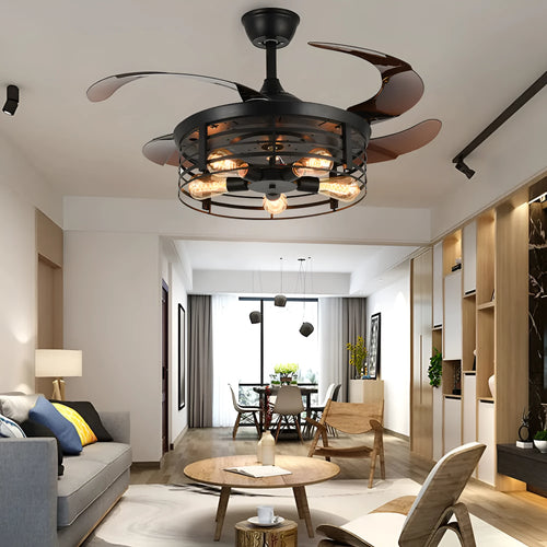 American retro style ceiling fan with clear acrylic blades and an integrated acrylic lampshade, remote control on a table.