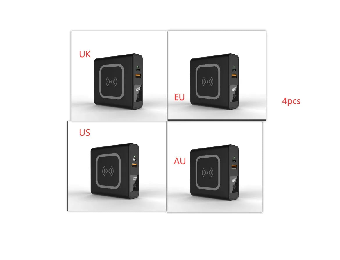 Black Super QI wireless power bank with integrated folding plug shown on a table next to a smartphone.