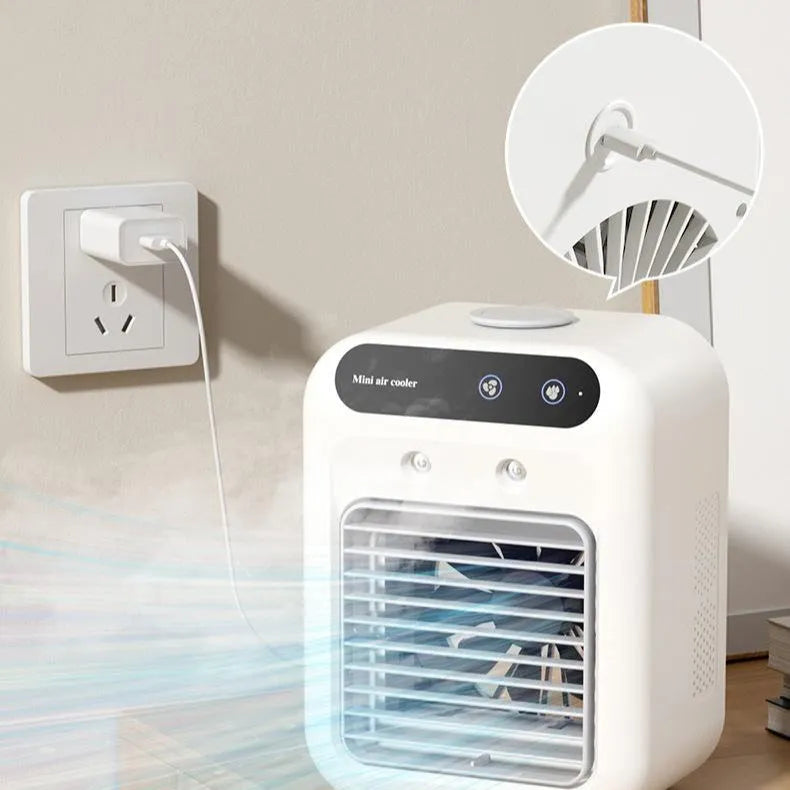 Ivory white portable USB air cooler fan with digital touchscreen display and water tank for room or car use