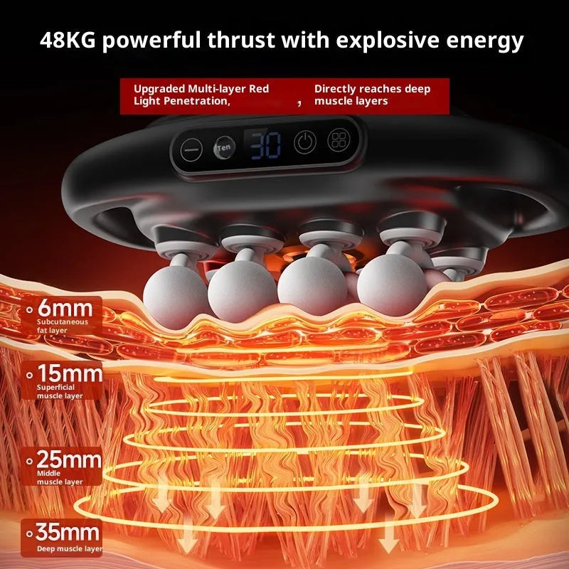 Black multi-head muscle relaxation massager with LED screen for calf back and waist, showing 16 heads