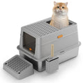 Grey ABS plastic enclosed cat toilet with pedal entry and stainless steel waste bin
