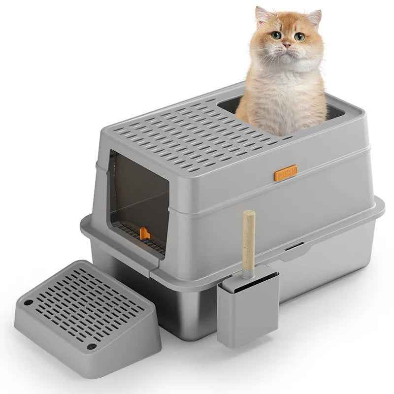 Grey ABS plastic enclosed cat toilet with pedal entry and stainless steel waste bin