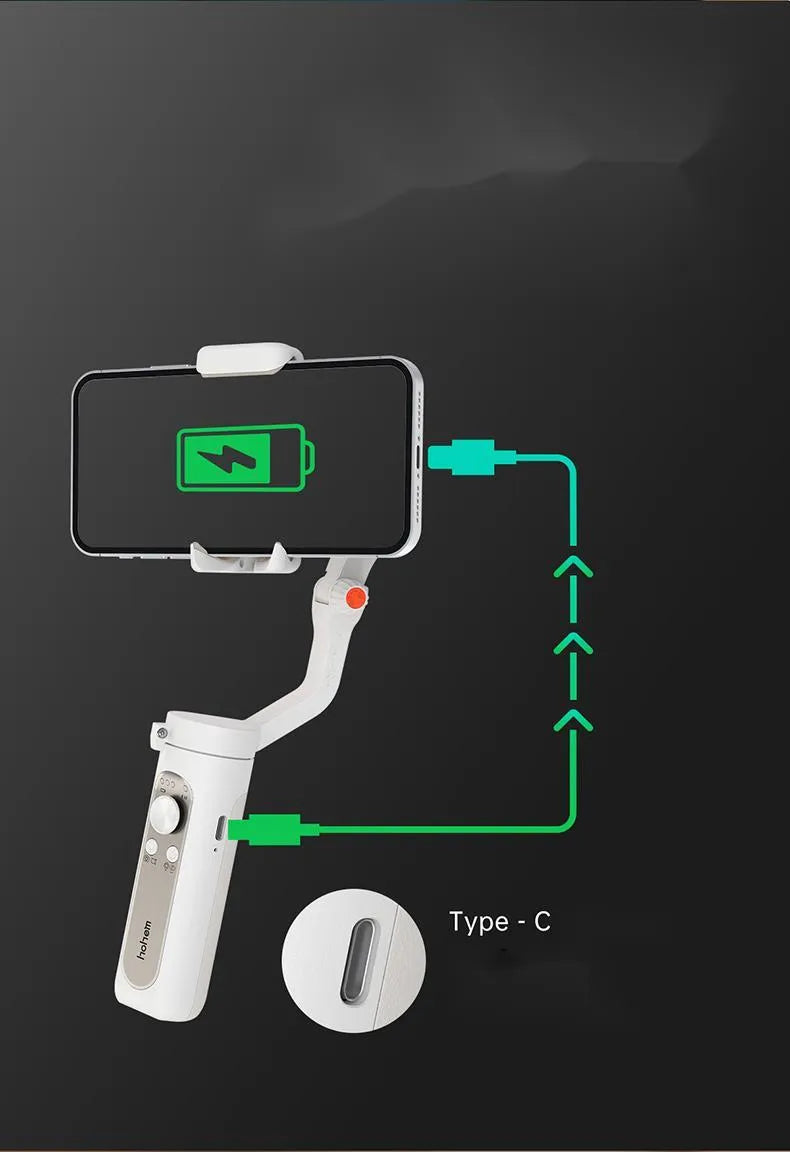 Black 3-axis mobile phone stabilizer gimbal shown in folded position next to a selfie stick.