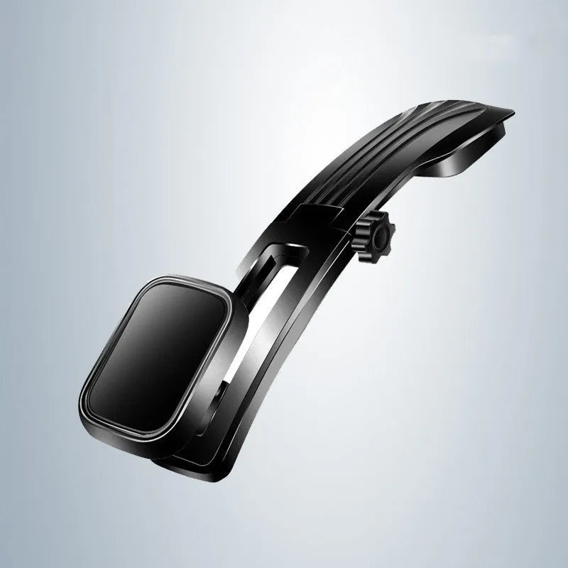 Magnetic car phone holder on dashboard with metal plate, 360° rotating arm, black and silver finish