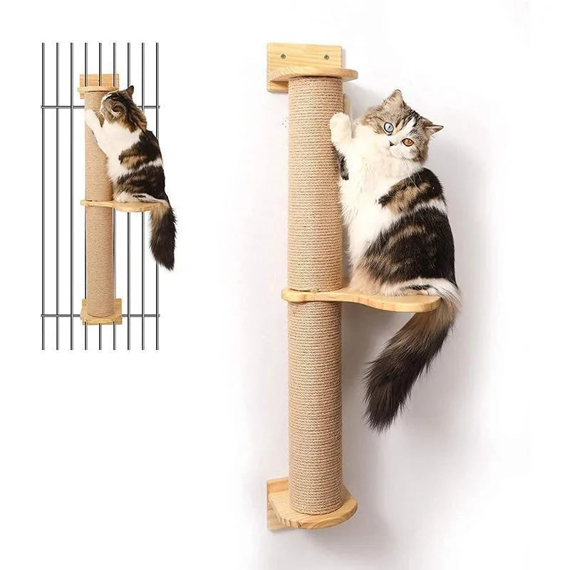 Khaki coloured wooden cat climbing frame mounted on wall with hanging jumping platform