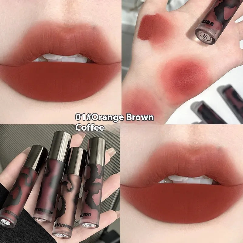 Matte liquid lipstick lip mud in five shades: orange brown, cool grey, cinnamon, jujube red, smoked purple.