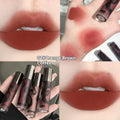 Matte liquid lipstick lip mud in five shades: orange brown, cool grey, cinnamon, jujube red, smoked purple.