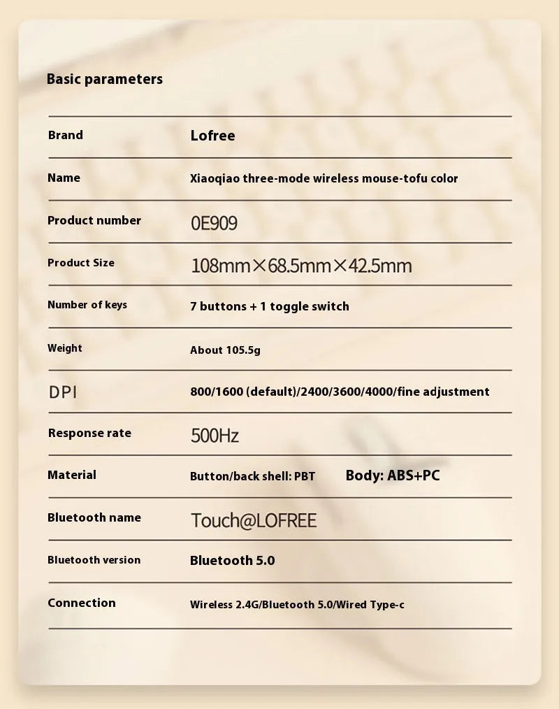 Xiaoqiao wireless mouse in tofu colour showing seven-button layout and Type-C charging port.