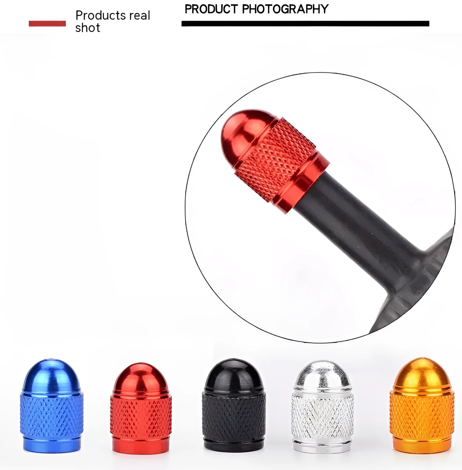 Aluminium alloy bicycle tyre valve cap in assorted colours on a black background.
