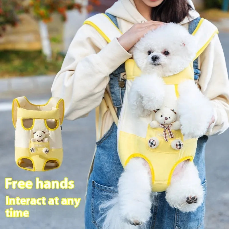 Cartoon animal pattern pet chest bag in soft canvas with decorative ribbon details