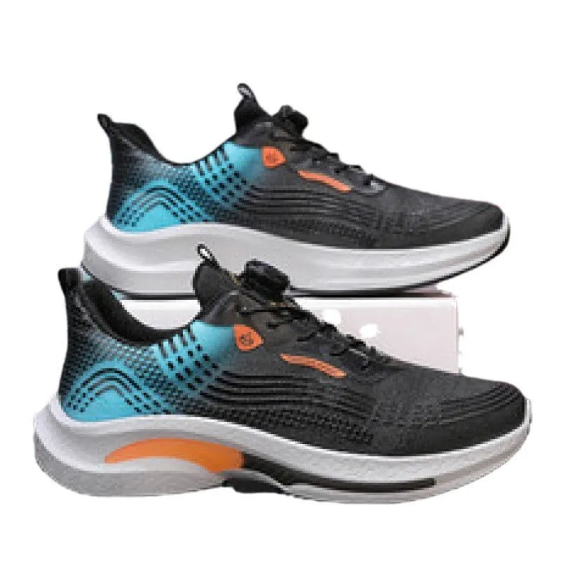 Men's white and orange mesh low-top sneaker with a rotating buckle closure and rubber sole.