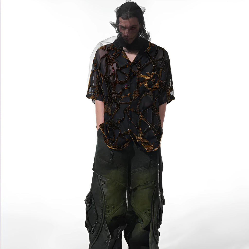 Men's black and grey snake pattern short-sleeved shirt with translucent polyester fabric and lapel collar