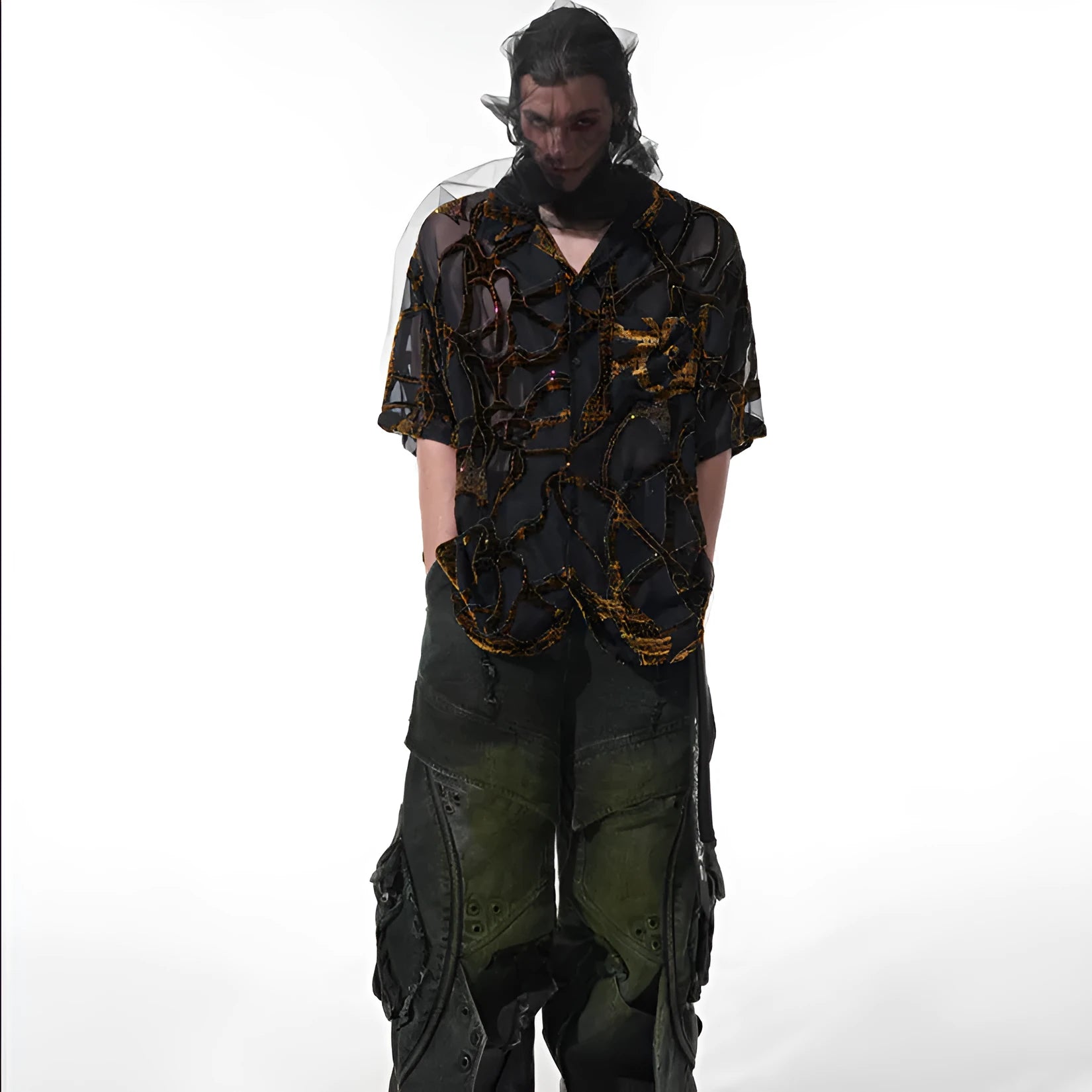 Men's black and grey snake pattern short-sleeved shirt with translucent polyester fabric and lapel collar