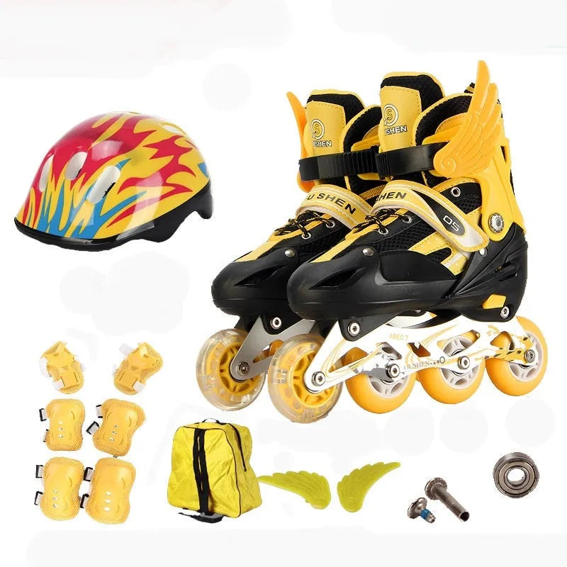 Children's adjustable inline skates with aluminium frame and protective gear set in various colours