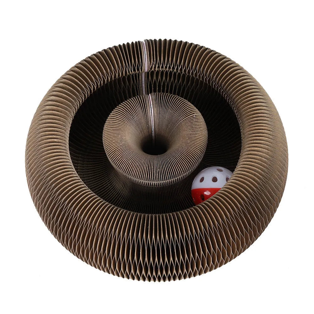 Pet magnetic folding organ toy cat scratch board in white with ball and menthol accessories on paper surface
