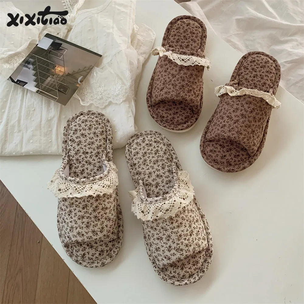 Brown Korean lace floral thickened linen slippers for women, PVC sole, indoor flip flop style