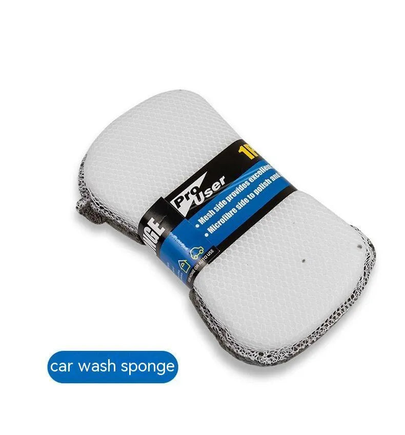 Nine-piece gray car wash cleaning set with gloves, sponge, brush, wipes, and microfiber towels