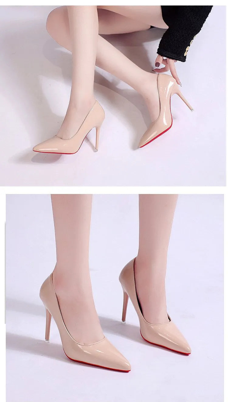 Women's black stiletto heel pump with pointed toe and shallow mouth cut on a white background.