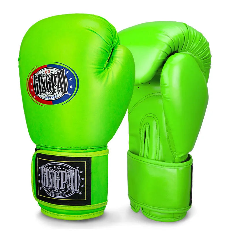 Pair of professional PU training boxing gloves in a vertical style on a coloured background.