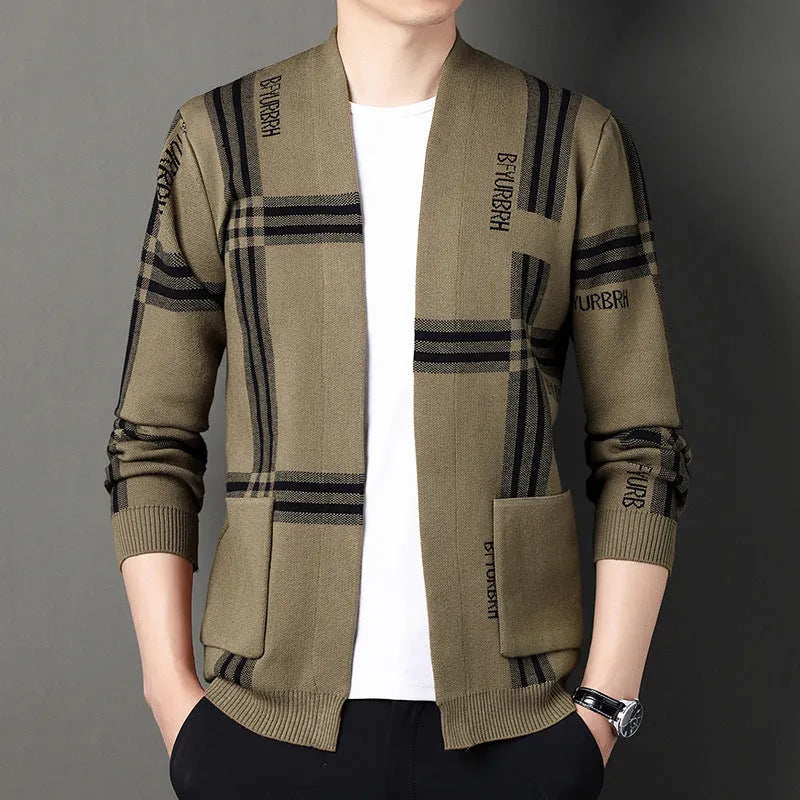 Men's long-sleeve knitted cardigan coat in camel colour, slim fit, side view on mannequin