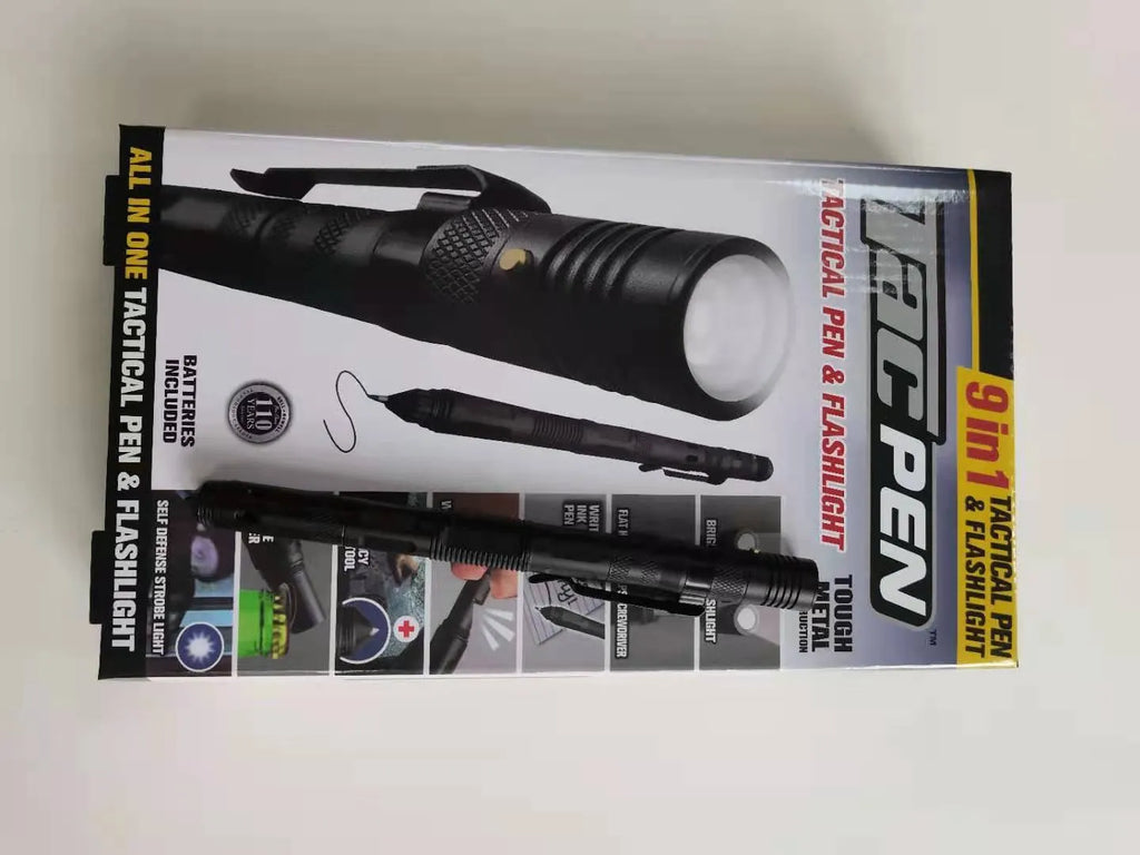 Black multi-function survival pen with built-in LED flashlight and pointed steel window breaker tip.