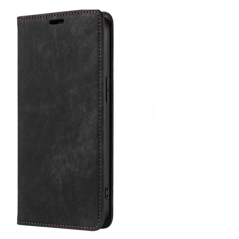 Magnetic flip leather phone case for iPhone shown closed and open, revealing card slot and screen.