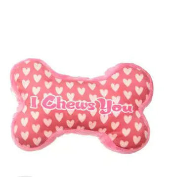 Vocalising plush dog chew toy in peach heart pink colour for dental play and bite resistance.