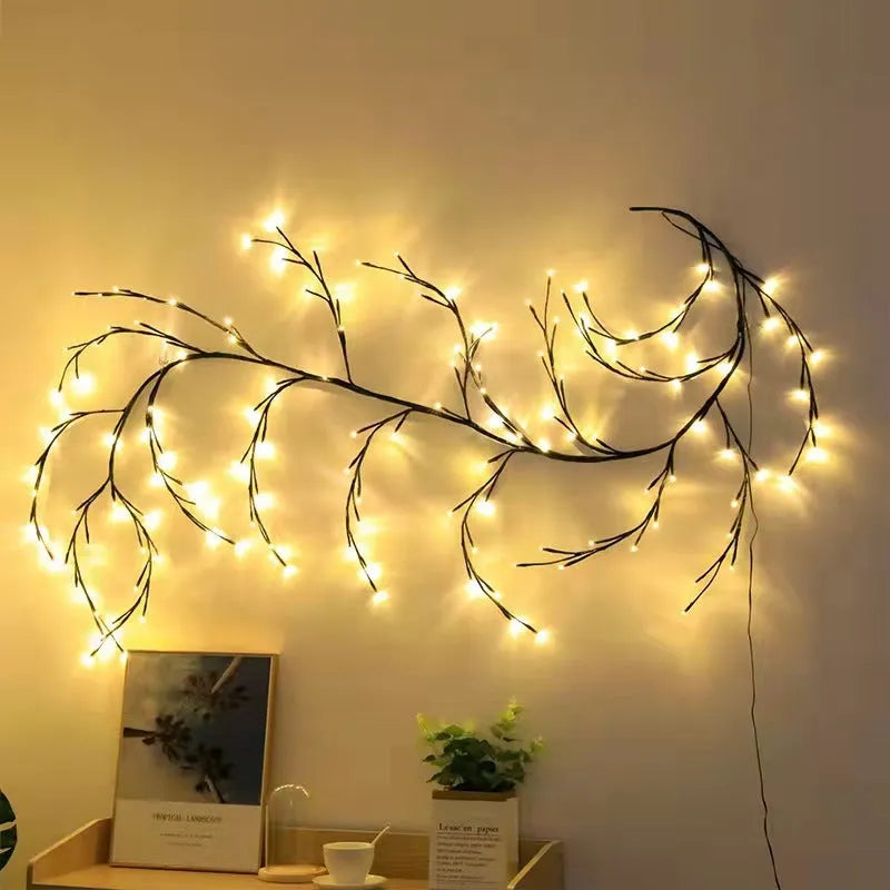 Flexible DIY willow vine Christmas garland with 144 warm white LED lights and birch bark texture.