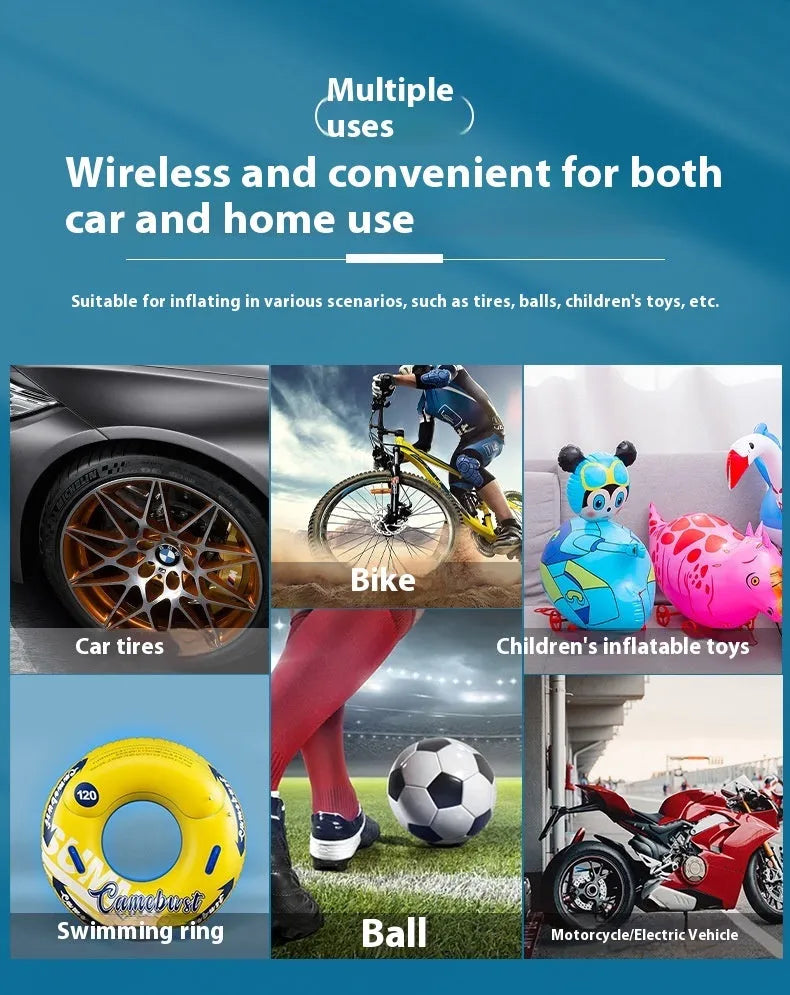 Portable handheld mini wireless tyre pump with power bank and flashlight on a grey background.