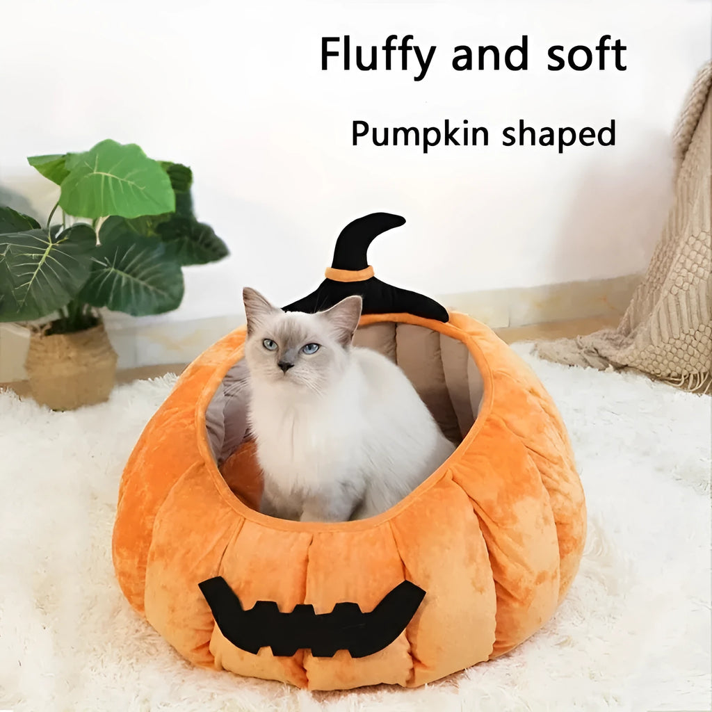 Halloween pumpkin devil design soft plush cat bed for small pets in black, orange, or pink.