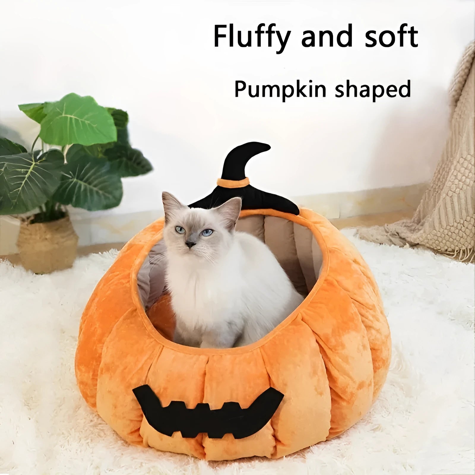 Halloween pumpkin devil design soft plush cat bed for small pets in black, orange, or pink.