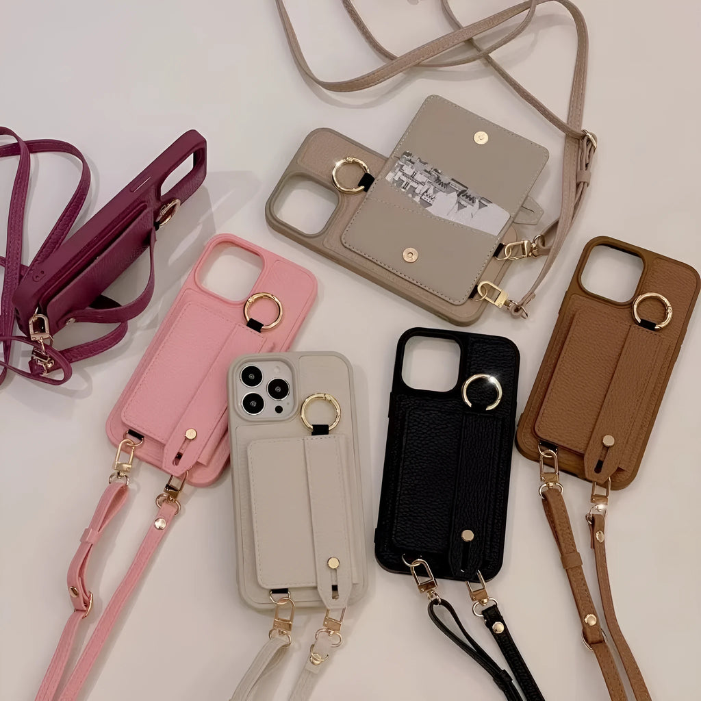 Imitation leather cross-body lanyard phone case with card clamp holder, black colour, compatible with iPhone 14 Pro Max