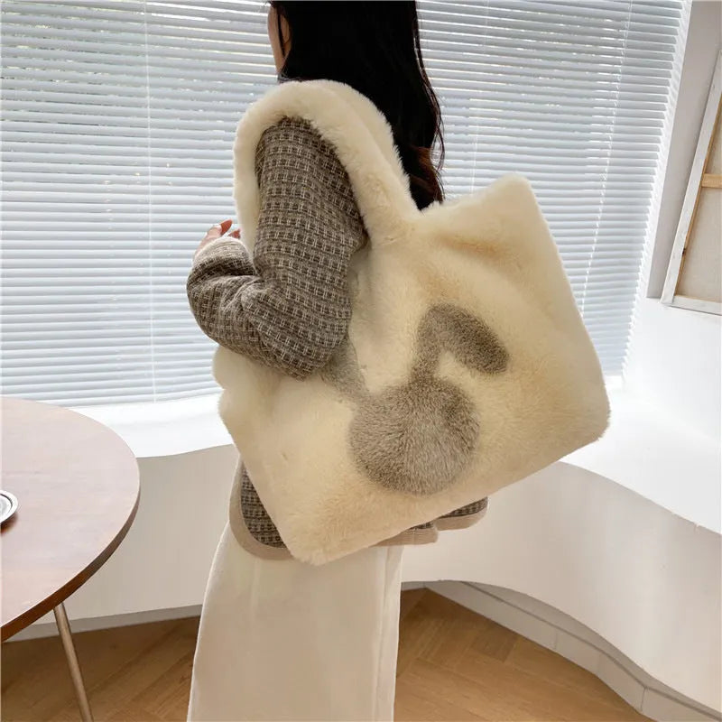Plush shoulder bag with rabbit ears in solid colour with large shopping capacity