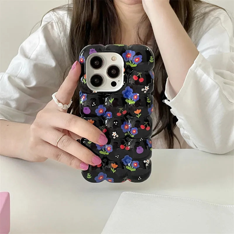 Retro cherry floral plaid TPU phone case for iPhone on black background