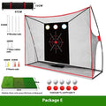 Golf wedge training net with three-hole target, foam practice mat, and red and white practice balls