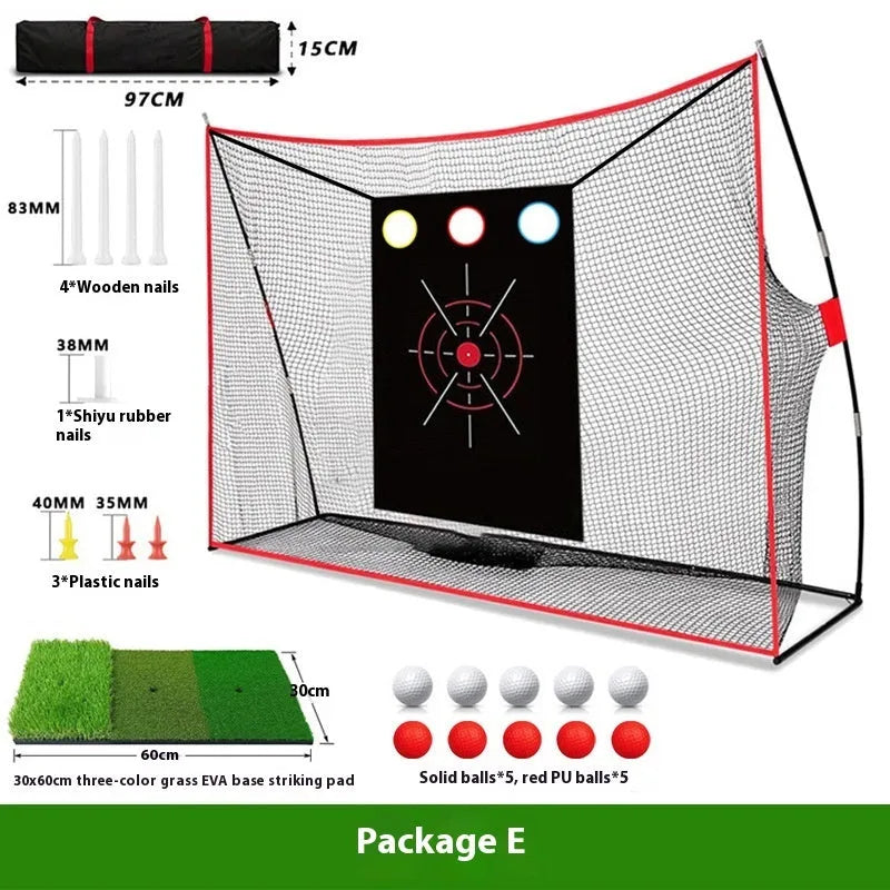 Golf wedge training net with three-hole target, foam practice mat, and red and white practice balls