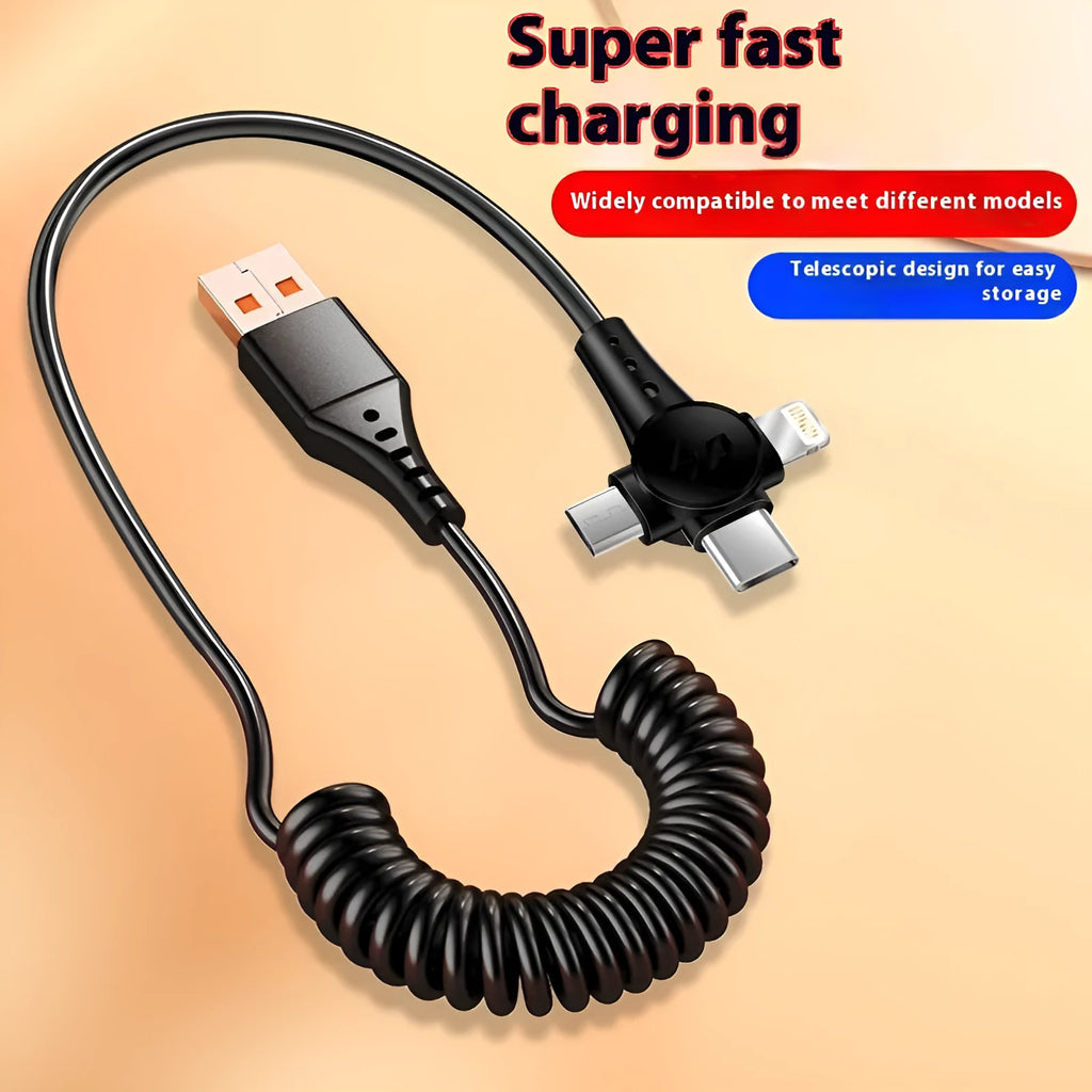 Black telescopic spring data cable with Lightning, Micro USB, and USB Type-C connectors extended to full length.