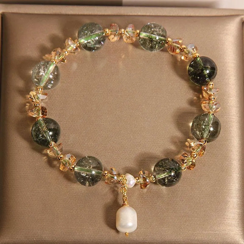Green phantom quartz and chorite crystal women's bracelet with champagne gravel accents