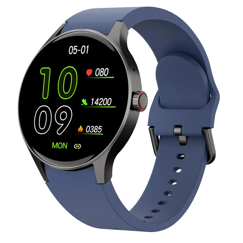 Black Bluetooth sport watch with 1.43-inch round screen on a wrist, showing a fitness app display.
