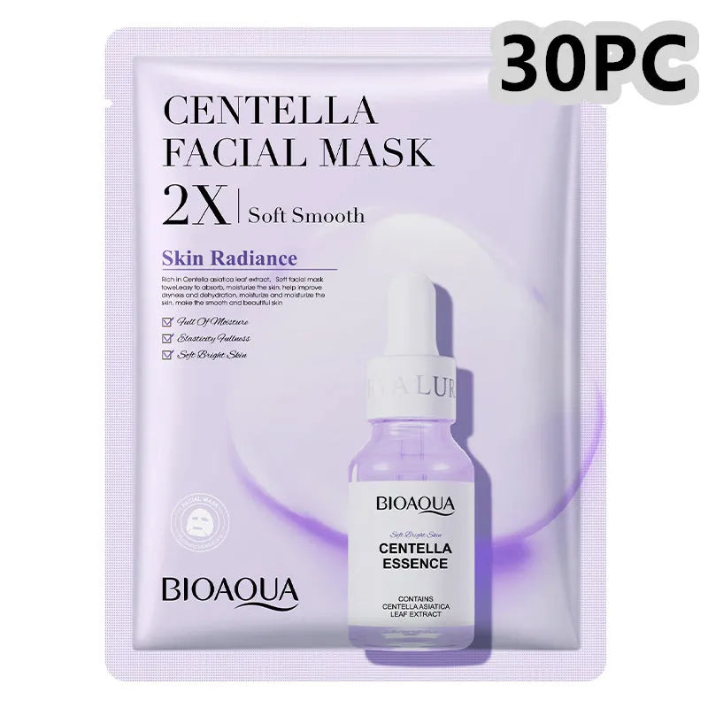 Collagen face sheet mask with 30g gel formula showing hyaluronic acid and Centella Asiatica variants